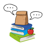 a stack of books with a paper bag lunch on top with word bubbles on both sides.