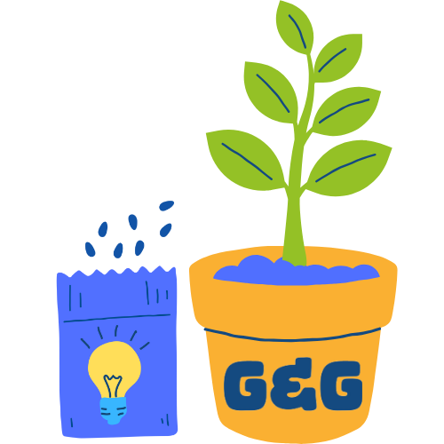blue seed packet with seeds spilling out the top and yellow lightbulb on the label next to a green plant in an orange pot with labeled G&G